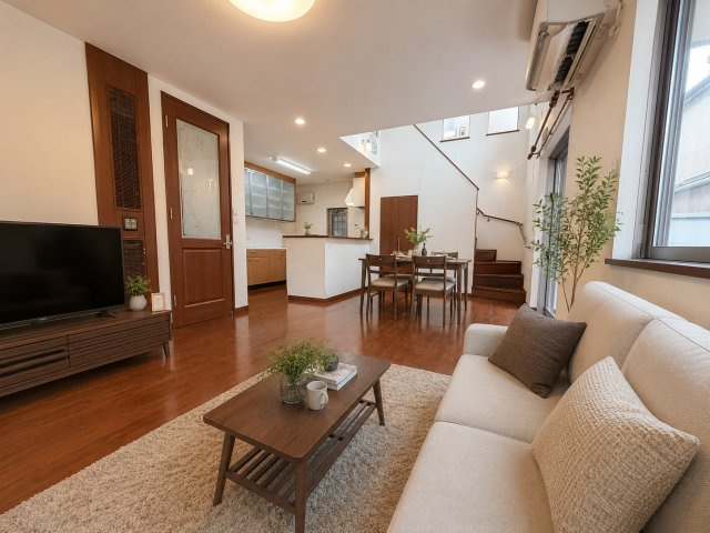 三郷市戸ケ崎2丁目　中古戸建の居間・リビング|現況の物件写真にCGによる画像処理を行っています。家具、家電、小物、カーテン等はイメージはCGです。