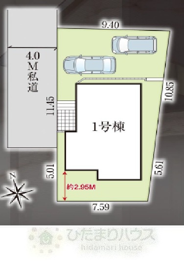 野田市七光台4期　新築戸建　1号棟の区画図|接道：西側約4ｍ私道