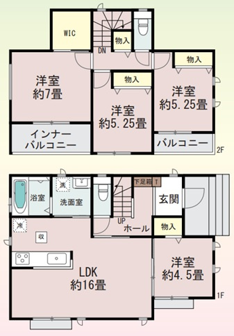 【間取り】 | 高崎市倉賀野町　新築住宅 | LDK約16畳と全居室収納付きの4LDK。1階に洋室があり、2階にはWICやインナーバルコニーを備えた機能的な間取りです。