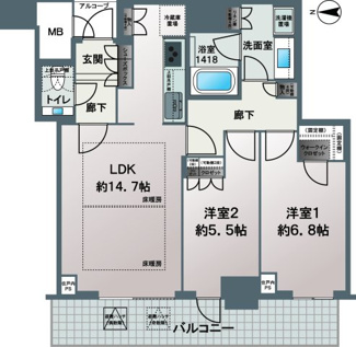 【間取り】 | プレミストタワー大阪新町ローレルコート | 【間取り】37階準プレミアムフロア住戸！ワイドスパンの為、バルコニー広々です☆