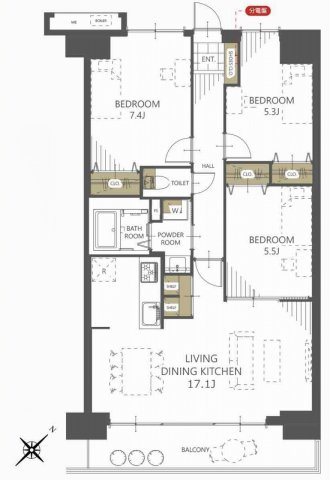 エクレール武蔵野ヒルズＢ棟の間取り|3LDK 専有面積75.02m2 　南東向きバルコニー（8.81㎡）に面した明るい住まいです。
令和8年4月に新規リノベーションが完了しており、キレイで快適な住環境で新生活をスタートできます。