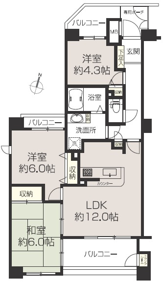 ネオステージ大宮の間取り|【新規リノベーション・3LDK・3面バルコニー】専有面積65.91㎡・バルコニー面積12.31㎡。各居室に収納スペース付きで荷物スッキリで便利！玄関ポーチ・オートロック付きで安心安全◎