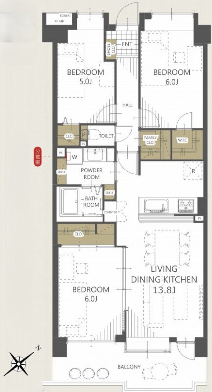 ファミネス清瀬の間取り|3LDK 専有面積69.60m2 バルコニー面積10.68m2
全居室収納やファミリークローゼットなど、空間を有効活用できる機能的なレイアウトが魅力です。