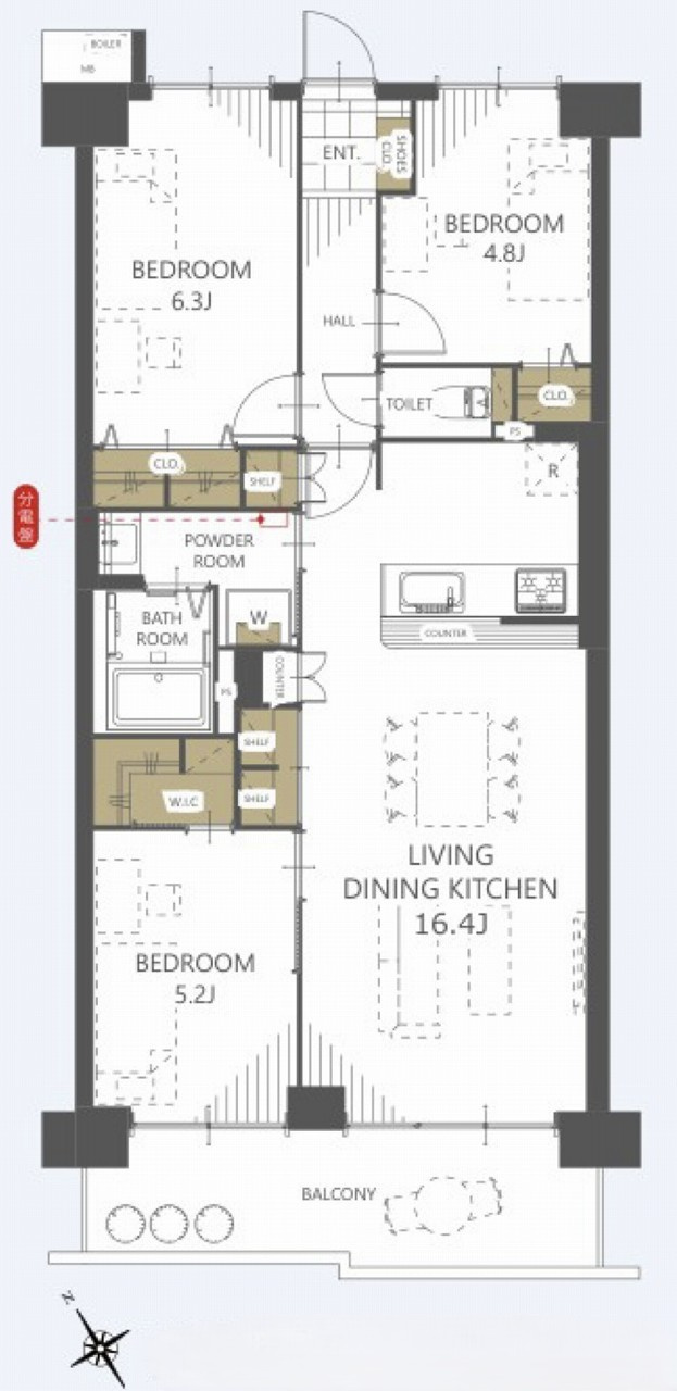 モアコート志木の間取り|3LDK 専有面積72.00m2 バルコニー面積9.00m2
全室クロス貼り替え＆設備新規交換済みで快適に暮らせます。