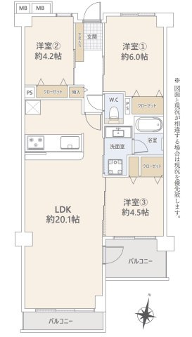 コスモ浦和常盤の間取り|3LDK 専有面積73.82m2 バルコニー面積9.41m2
41㎡。使い勝手の良いファミリー向け間取りです。