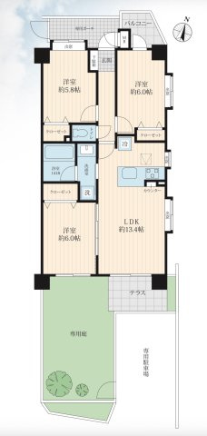 セレナハイム西浦和の間取り|3LDK 専有面積66.55m2 　バルコニー面積3.00m2　専用庭22.70m2  ポーチ4.8m2
ゆとりのある住環境です。