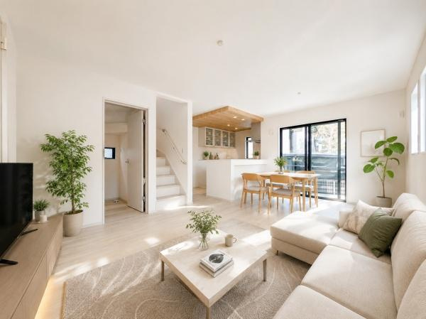 横浜市青葉区荏田町の新築一戸建の居間・リビング|自慢したくなるリビング！
形も良く家具の配置にも困りません。
※家具等はＣＧでの参考レイアウトです。