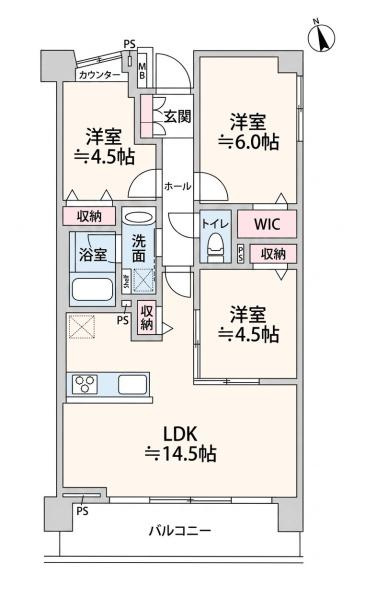 武蔵中原パークホームズの間取り|ウォークインクローゼットなど収納スペースが充実しています。リビングダイニングは広さを確保しています。リビングと隣の洋室の間仕切りを開放するとさらに広くご利用いただけます。