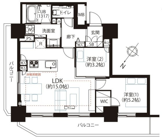 グローリオタワー巣鴨の間取り|2LDK 専有面積56.03m2 バルコニー面積12.32m2
効率的な動線と十分な収納スペースを確保した使い勝手の良い間取りです。生活空間がスッキリ整い、快適な暮らしを実現します。