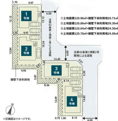 【区画図】 | 金井新築戸建 | 区画図は、土地の形状、境界、道路との関係を詳細に示す図面土地の正確な位置、面積、形状を把握し購入や建築計画の判断に不可欠です。区画整理や開発状況も示され、将来的な土地利用のイメージを掴む上でも重要。