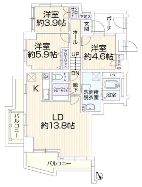 セントラルコートめじろ台の間取り|～南向き3LDK　南西角住戸につき陽当たり・風通しの良い間取りです～