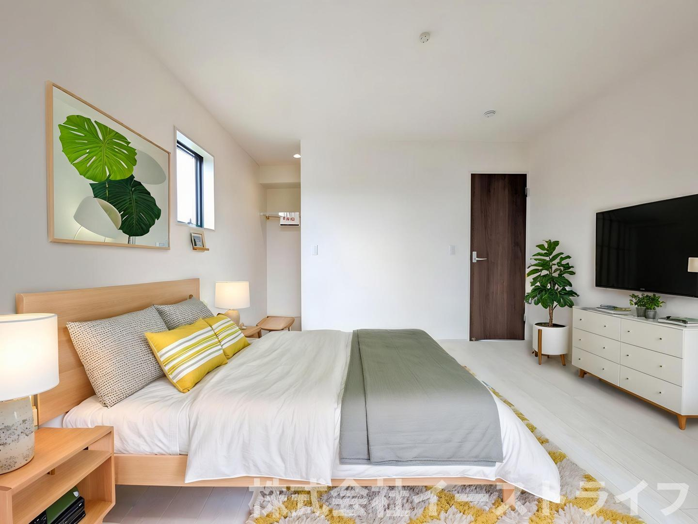 【新築戸建】　(予約あり)　いわき市勿来町窪田町通1丁目第1　長期優良住宅の寝室|1号棟の寝室に家具を配置したイメージ画像です。※本画像はCGで作成しており、実際に現地に 家具は置かれておりません。また、価格に 家具は含まれておりません。