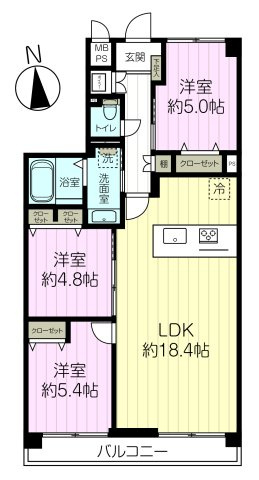 西宮東パークマンションの間取り|専有面積約71.96㎡、バルコニー面積約10.92㎡、3LDK