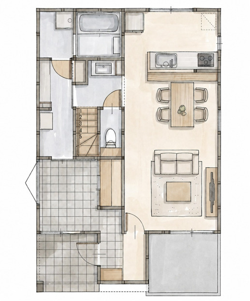 「デザイン性と快適性を両立した家」高知市鴨部　新築一戸建ての間取り|1階間取り図。水回り集約＆土間収納で家事ラクラクな動線。