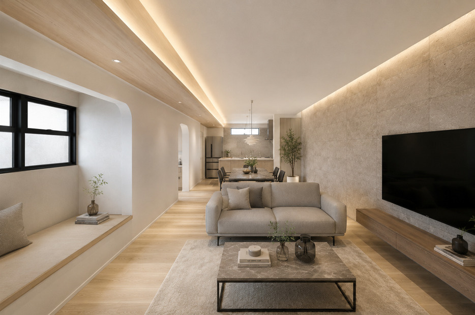 「デザイン性と快適性を両立した家」高知市鴨部　新築一戸建ての居間・リビング|間接照明が優しく包み込む、上質な広々LDK♪
※写真はイメージです。