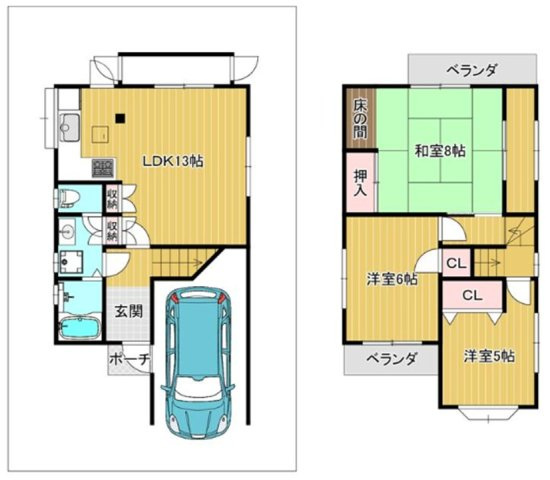 安倉南4丁目の間取り|パントリーとしても活用できるキッチン横の物入れ・各居室収納有り