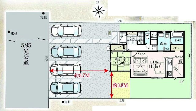 グラファーレ前橋市朝日が丘町　1号棟の間取り|駐車場4台ご用意しています！
並列駐車なので、車の出し入れもしやすいですよ！