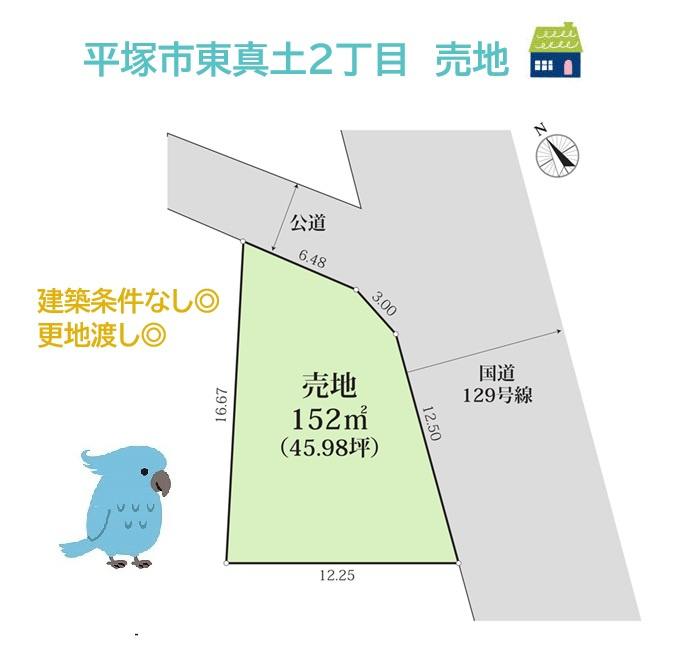 平塚市東真土2丁目　売地　45.98坪の区画図|お庭やカースペースも確保ができる広々とした敷地45坪以上！　
建築条件なしのため、お好きなハウスメーカーで理想の住まいを実現できます。