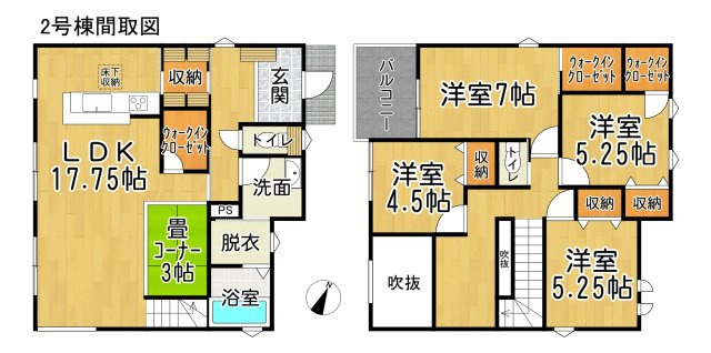 リーブルガーデン知多市梅が丘第5　2号棟の間取り|○●間取り図●○
吹抜、畳コーナーがある広々とした開放的なリビングが魅力的！玄関からパントリーを通りキッチンに行ける、暮らしやすい間取り♪
