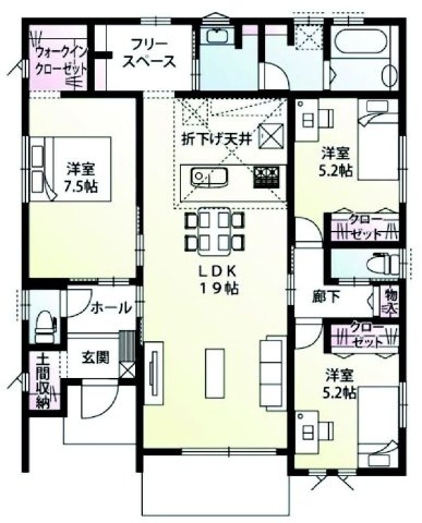 前橋市富士見町原之郷　1号棟　新築住宅（平屋）の間取り|収納充実♪南西向きの3LDKで陽当たり良好な間取りです！
土地面積220.66㎡、建物面積92.53㎡で十分な広さです！