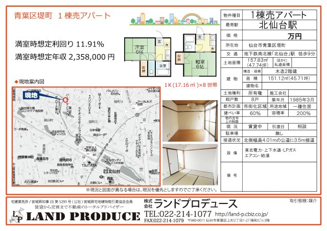 仙台市青葉区堤町 中古アパートの画像
