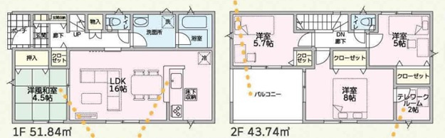 【間取り】 | 前橋市粕川町女渕　新築住宅 | 16帖のゆとりあるLDKに隣接する和室や、2階のテレワークルームなど使い勝手の良い空間が魅力です。各室収納に加え、豊富な収納スペースも完備。