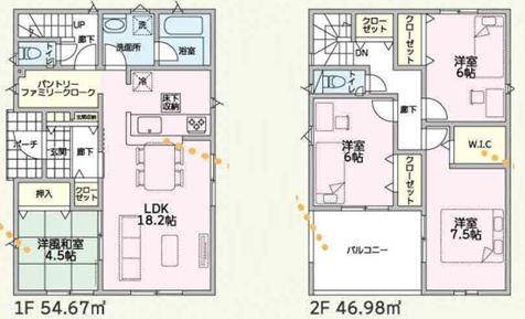【間取り】 | 前橋市粕川町女渕　新築住宅 | 18.2帖の広々としたLDKに、客間や寛ぎの場として便利な4.5帖の和風和室を隣接。パントリーやWICなど各所に豊富な収納を備えた快適な間取りです。