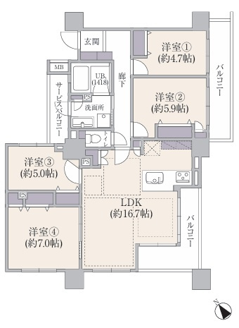 廊下からはハマスタ覗き放題♪バルコニーからは富士山や花火を望める☆南東・南西角部屋という最強住戸◎もう、これ以上説明するコトはない【ヴィルヌーブタワー横浜・関内】リフォームの間取り