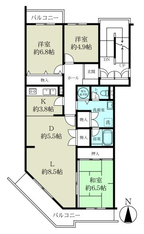 椿峰ニュータウン32街区3号棟の間取り|ゆとりのある間取り3LDK(85.65㎡)両面バルコニー