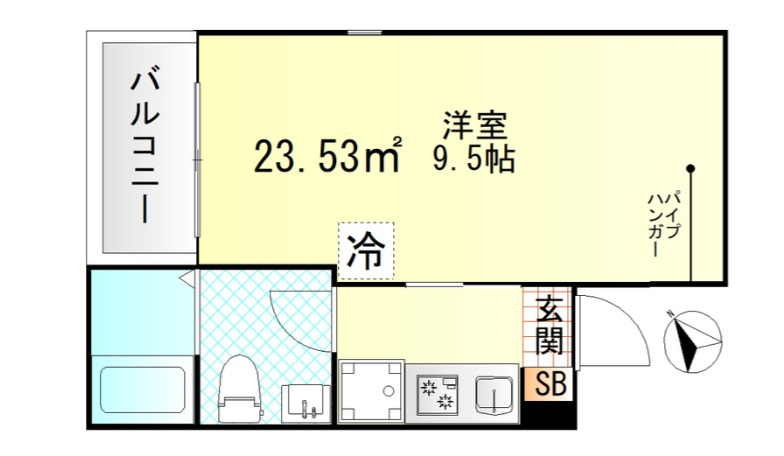 Valle Feliz雑色の間取り|北西向きバルコニー洋室9.5帖の1Kバストイレ別独立洗面台！