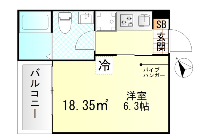 Valle Feliz雑色の間取り|南西向きバルコニー洋室6.3帖の1Kバストイレ別独立洗面台！