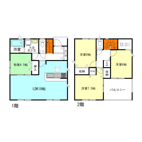 【間取り】 | クレイドルガーデン前橋市北代田町第10-2期ー② | 18帖リビング横にはくつろぎ和室付き！
2階洋室は全室6帖以上の広々間取り！