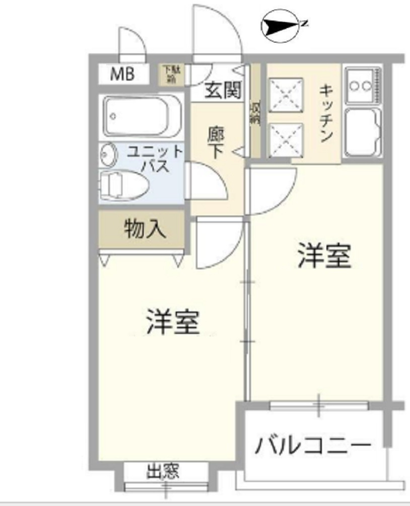 シティオ多摩川の間取り|東向きバルコニーの2K