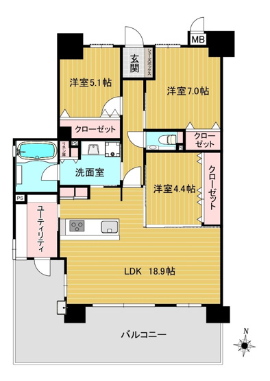 【間取り】 | アメイズ友泉亭ザ・ヒルズ | 南向き最上階角部屋で陽当り眺望良好な開放感のある3LDKです