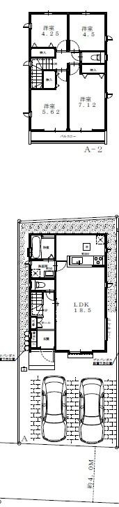 八王子市横川町20期　A号棟の間取り|18.5帖のゆとりあるLDKを中心に、家族が自然と集まる間取り。並列2台分の駐車スペースも確保。