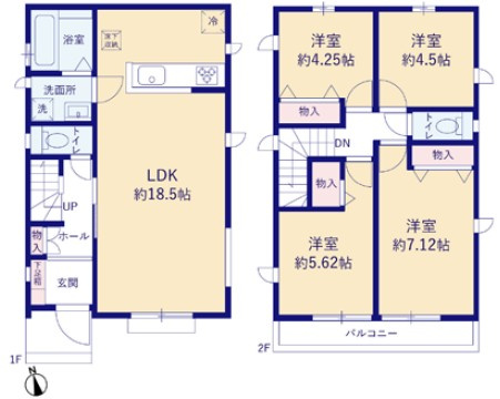 八王子市横川町20期　A号棟の間取り|18.5帖のゆとりあるLDKを中心に、家族が自然と集まる間取り。並列2台分の駐車スペースも確保。