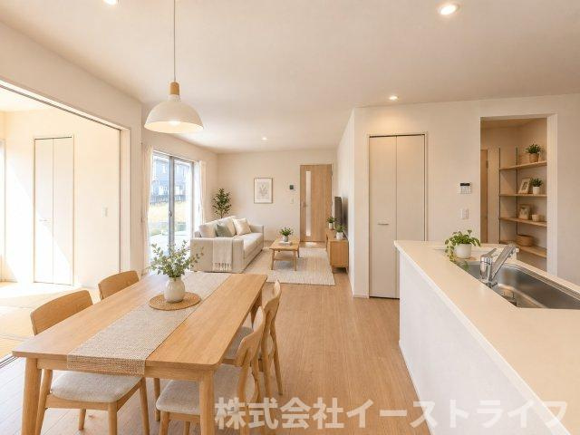 【新築戸建】　いわき市好間町上好間第4　長期優良住宅の居間・リビング|1号棟のLDKに家具を配置したイメージ画像です。※本画像はCGで作成しており、実際に現地に 家具は置かれておりません。また、価格に 家具は含まれておりません。