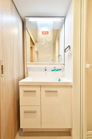 セントラルコート浦和南の独立洗面台|身支度がはかどる洗面所、朝の渋滞を軽減する写真。シャワー付洗面化粧台で身支度も掃除もラクに、洗濯パン交換済(2026年8月)も安心材料。内覧で収納・採光・動線を確認ください。