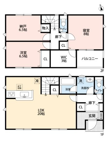 小牧市外堀2丁目　新築戸建　2号棟の間取り|２０帖の広々LDK！リビング階段です。
納戸6.5帖＆ウォークインクローゼット３帖で収納豊富！