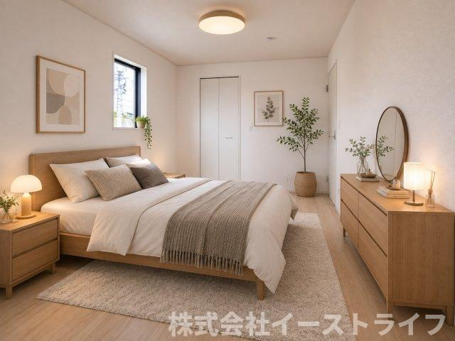【新築戸建】　いわき市四倉町第19の寝室|1号棟の寝室に家具を配置したイメージ画像です
※本画像はCGで作成しており、実際に現地に 家具は置かれておりません。また、価格に 家具は含まれておりません。