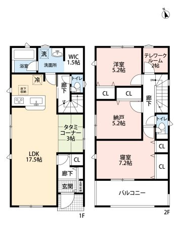 小牧市外堀2丁目　新築戸建　3号棟の間取り|納戸・１Fにファミリークローゼットあり。
テレワークルームあり。畳コーナーあり。