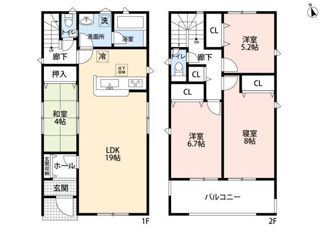 小牧市外堀2丁目　新築戸建　4号棟の間取り|広々LDK１９帖に洋風和室４帖の湯広々空間♪