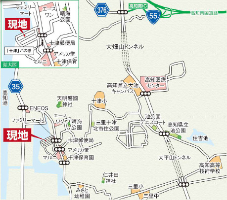 「折上天井×アクセントクロス」高知市十津2期1棟　新築一戸建ての地図|バス停やスーパーが徒歩圏内！生活利便性の良い住環境。