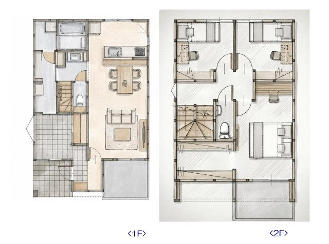 高知市鴨部　新築戸建ての間取り|２階建て構造の中にヌックや屋根裏収納など魅力的なスペースを凝縮。全居室フローリングと便利な収納をバランスよく配置しており、家族全員が伸び伸びと快適に暮らせる工夫が詰まった間取り設計です。