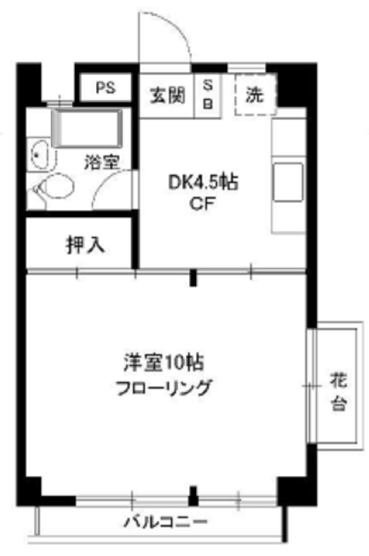ヴィラセントラルの間取り|最上階角部屋の1DKバストイレ別