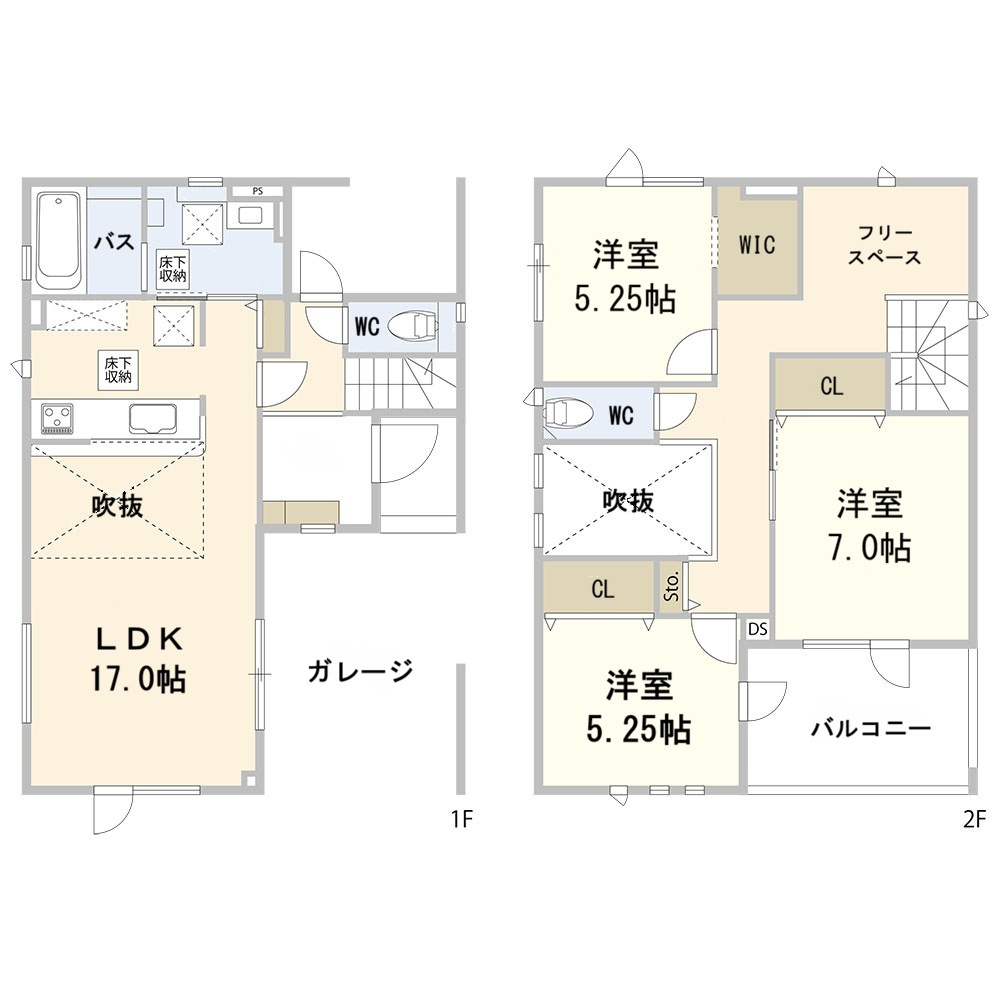本町1条6丁目　戸建の間取り|17帖のLDKを中心に、ご家族が自然と集まる間取り。フリースペースと広々バルコニーを備えています。