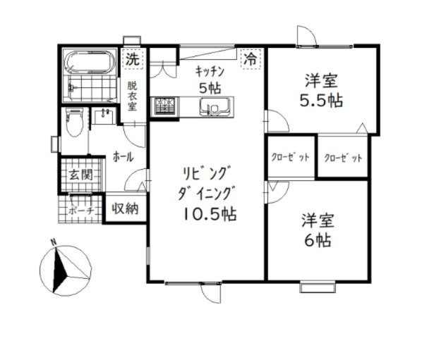 愛国西3丁目【フルリノベーション済】中古住宅の間取り|62.99㎡　コンパクトな2LDKタイプ。