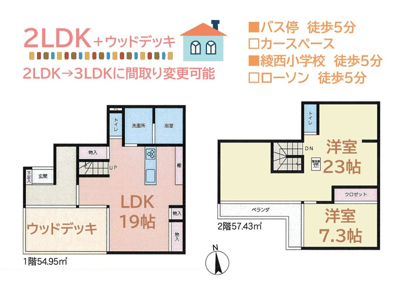 綾瀬市綾西５丁目　中古戸建　50.91坪の間取り|生活に合わせて「2LDK」から「3LDK」に間取り変更可能です◎　
綾西小学校　徒歩5分とお子様の通学も楽々です☆彡