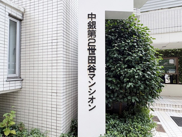 【現況写真】 | 中銀第2世田谷マンシオン | エントランスに掲げられた、マンション名を示す館銘板。さほど激しく主張はしませんが、しっかりと掲示されています。～即日のご見学可能～　お問合せはお気軽にどうぞ。