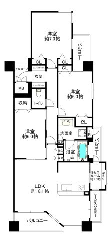 ワコーレ妙法寺駅前ウィックスシティ　１３階の間取り|角部屋、バリコニー4か所、広々約18.1帖のLDK